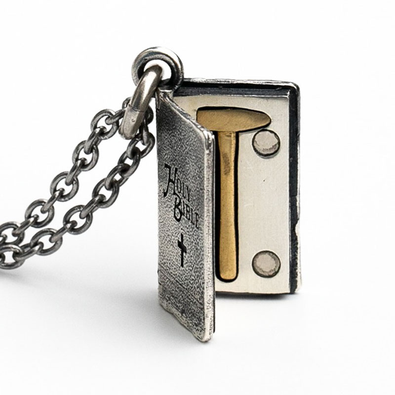 Sterling Silver Holy Bible Pendant Necklace with Gold Hammer Charm (image for) Sterling Silver Holy Bible Pendant Necklace with Gold Hammer Charm