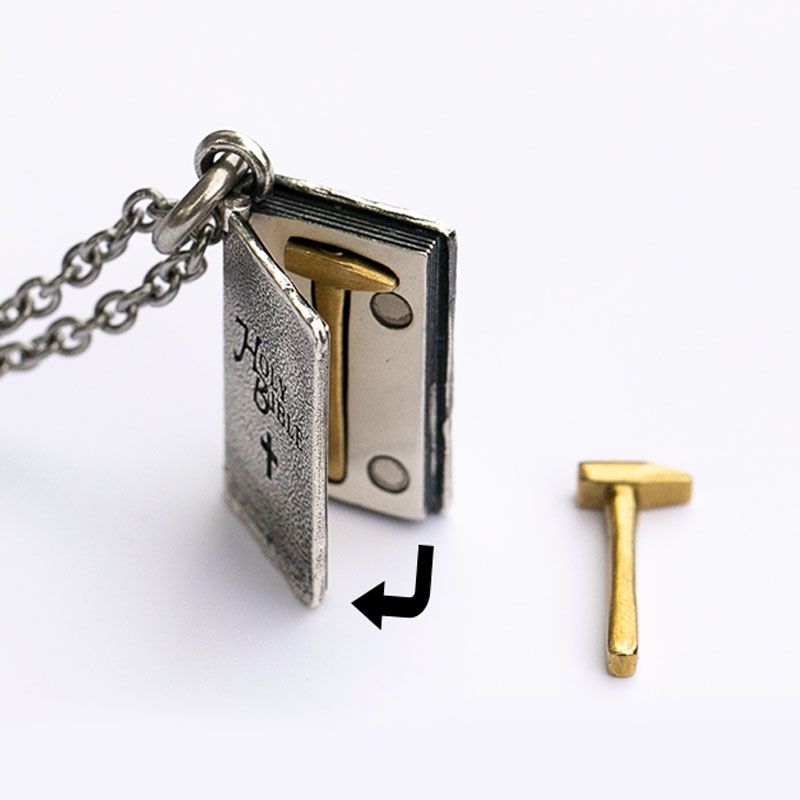 Sterling Silver Holy Bible Pendant Necklace with Gold Hammer Charm (image for) Sterling Silver Holy Bible Pendant Necklace with Gold Hammer Charm